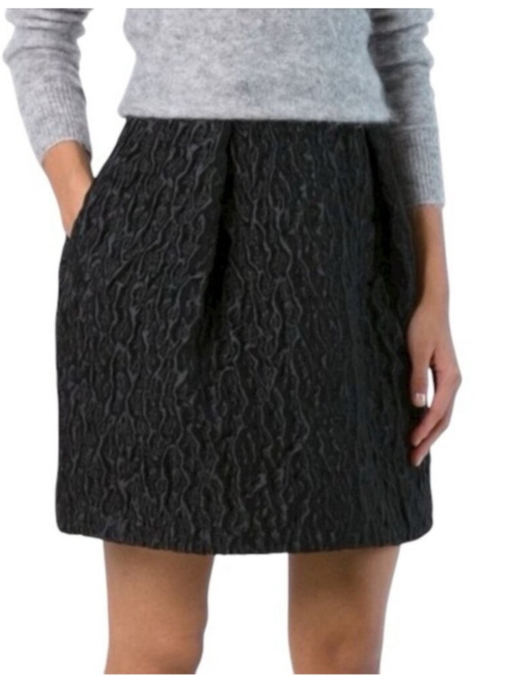 Carven Black Puckered Cloqué Mini Skirt Textured Bubble Jacquard Pleated Size 38